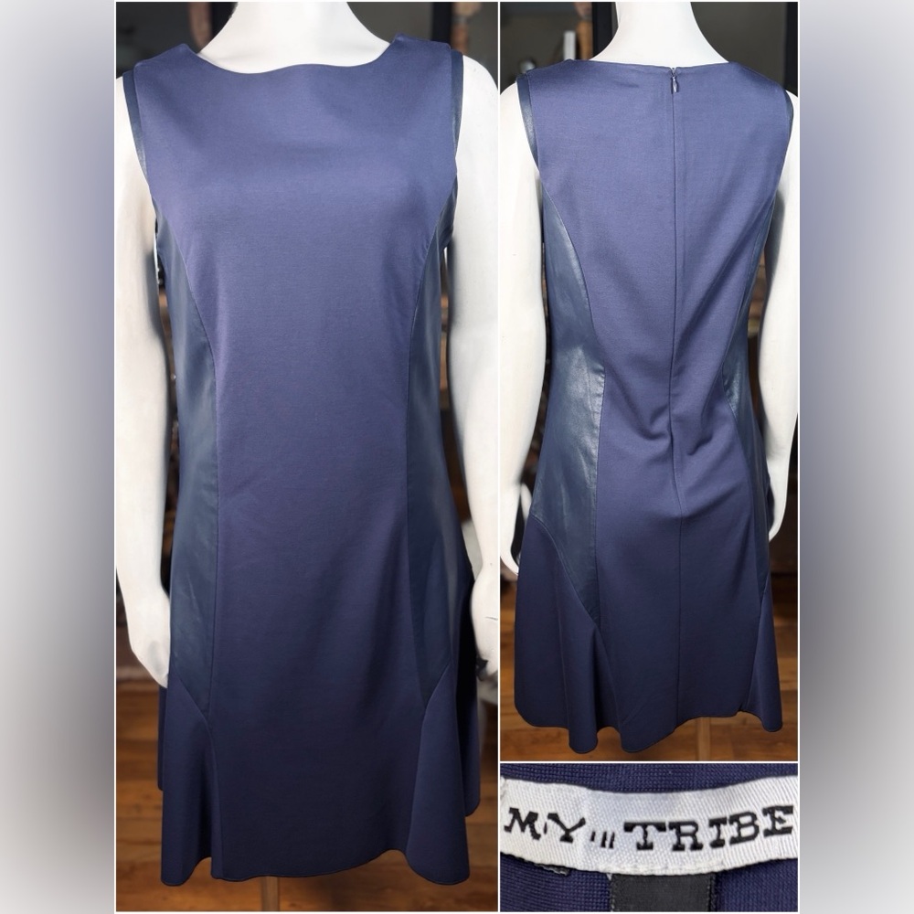 My Tribe Navy Blue A-Line Stretch Rayon Dress w/ Leather Sides & Trim, Sz M